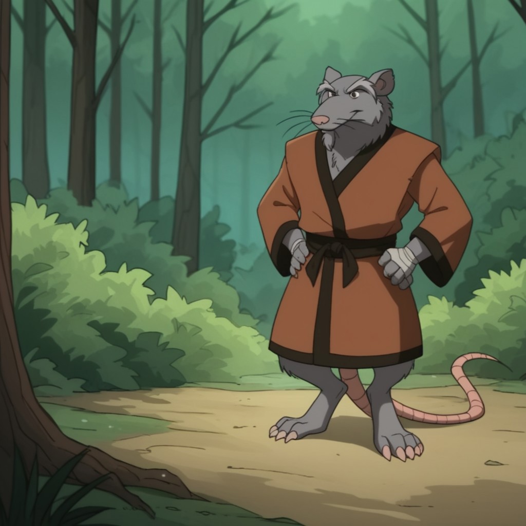 score_9, score_8_up, score_7_up, score_6_up, score_5_up, score_4_up, source_furry, Splinter03v2, semi-anthro, male, rat, grey fur, brown eyes, rat tail, red-orange kimono, standing, in a forest, hands on hips, hand wraps