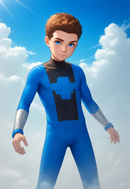 score_9, score_8_up, score_7_up, highly detailed, cute boy, 1boy, solo, young, Jack Power, Blue Eyes, Brown Hair, Freckles, Mass Master, Blue and Black Bodysuit, excessive fog, smoke, ((made of fog)), ((made of clouds)), cloud, sky, day, light rays,