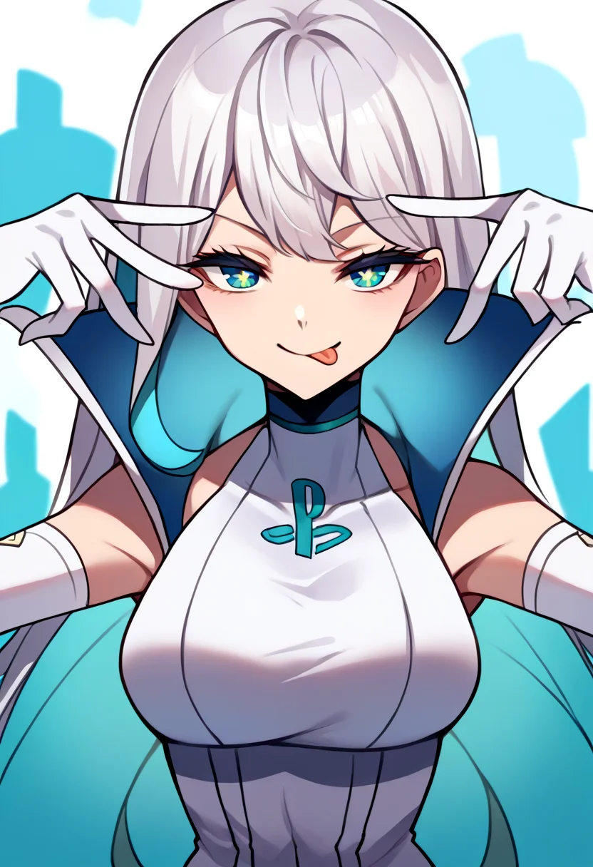 score_9, score_8_up, score_7_up, source_anime, cowboy shot, third-quarter view, 1girl, PSchan, smile, looking at viewer, aihoshinopose, double v, tongue out, white hair, blue eyes, half-closed eyes, elbow gloves, bare shoulders, sleeveless, gloves <lora:pose_aihoshinopose_ponyXL:1> <lora:PSchanXLPD:0.9>