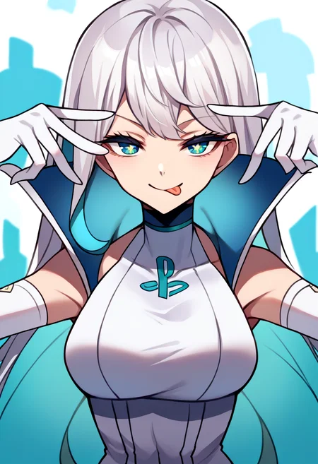 score_9, score_8_up, score_7_up, source_anime, cowboy shot, third-quarter view, 1girl, PSchan, smile, looking at viewer, aihoshinopose, double v, tongue out, white hair, blue eyes, half-closed eyes, elbow gloves, bare shoulders, sleeveless, gloves <lora:pose_aihoshinopose_ponyXL:1> <lora:PSchanXLPD:0.9>
