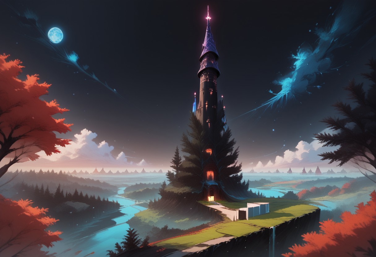 (score_9), (score_8_up), (score_7_up), (Cell Shading), (source_anime)+, (masterpiece), best quality, tree, bioluminescent trees, floating islands, fantasy aesthetic, misty atmosphere, surreal sky, black void