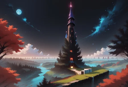 (score_9), (score_8_up), (score_7_up), (Cell Shading), (source_anime)+, (masterpiece), best quality, tree, bioluminescent trees, floating islands, fantasy aesthetic, misty atmosphere, surreal sky, black void
