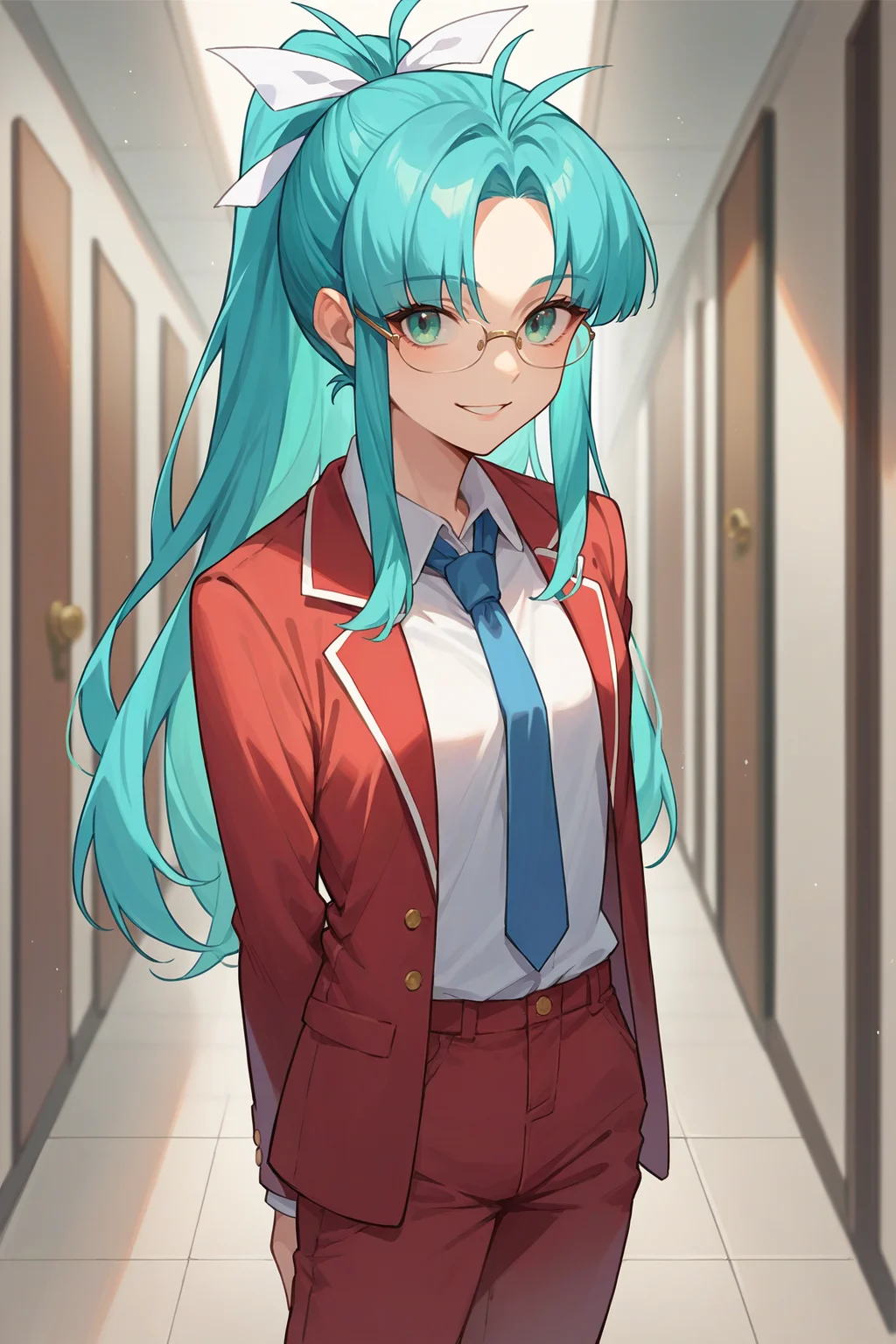 score_9, score_8_up, score_7_up, score_6_up, source_anime, 1girl, solo <lora:gsmia-pdxl-nvwls-v1-000005:1> gsmia, cyan hair, ponytail, long hair, hair ribbon, red blazer, blue necktie, collared shirt, glasses, red pants, hallway, looking at you, smile, school uniform