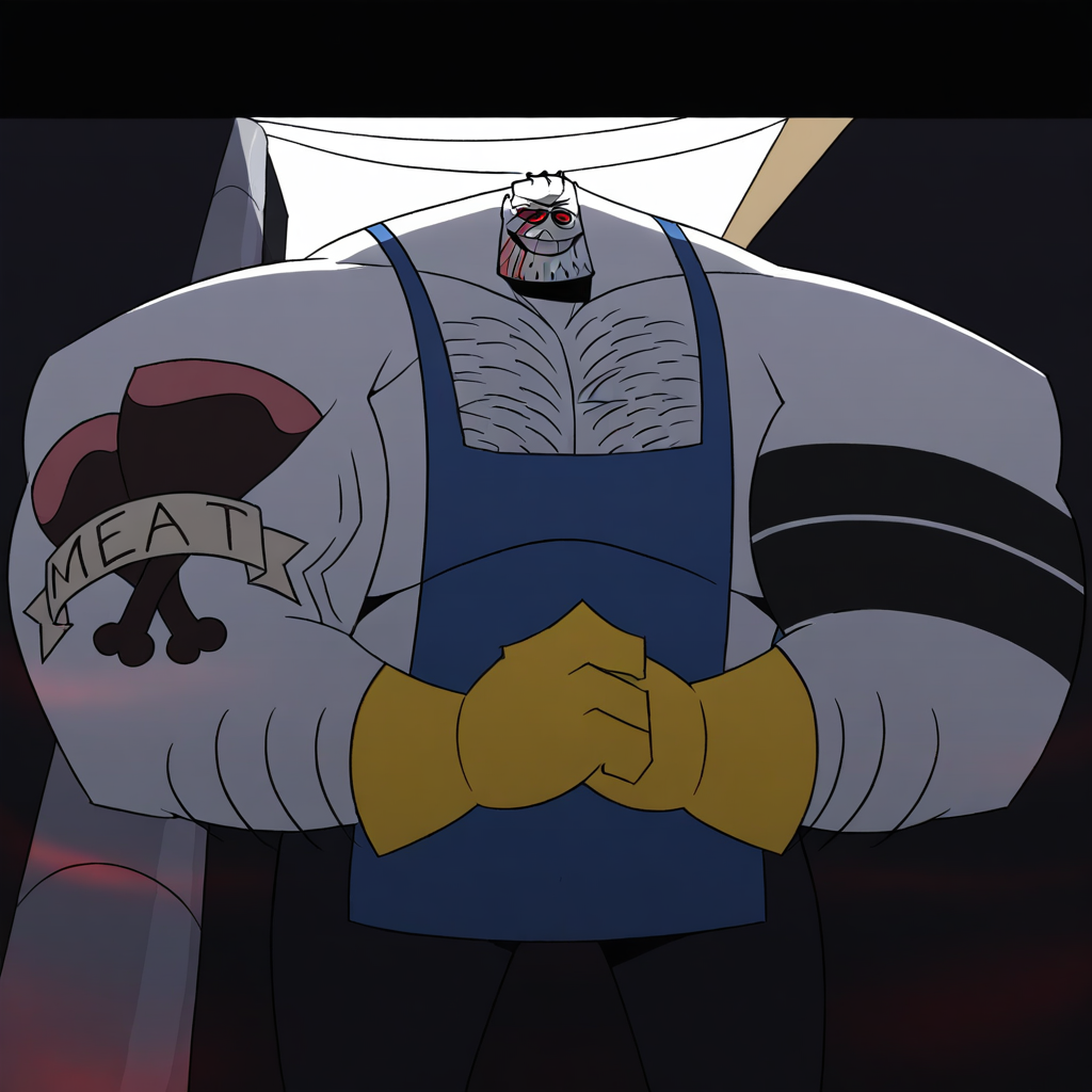 score_9, score_8_up, score_8, BREAK absurdres, 4k, 8k, masterpiece, Greg, muscular male, 1boy, solo, large muscles, scars, tattoos, apron, red eyes, facial hair, chest hair, gloves, pants, massive pectorals, looking down, teeth, smiling, grin, flexing muscles, veiny muscles, dynamic angle, dynamic pose
