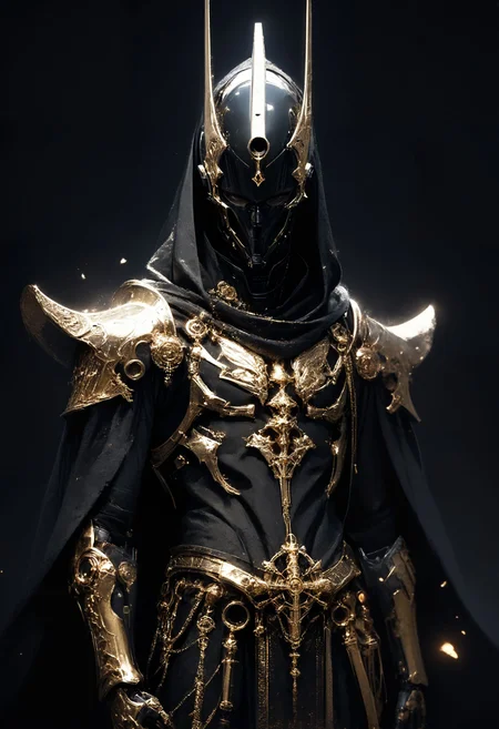 (score_9, score_8_up), score_7_up, 1girl, Highly detailed RAW color Photo, cowboy shot, glistening, glowing, long black hair, realistic robot jackal helmet, shoulder armor, gauntlets, pauldrons, mask, dark, hood, full armor, all black and gold armor, black cloak, occult, dark theme, black theme, dark background, gold, gold jewelry, dark, elegant, royal, headpiece, cables coming from head, sci fi, cyborg, robotic circuits, glowing fibre optic cables,
dark lighting, dof, depth of field, realistic, dark background, light partials, CINE, fire embers, low-key,