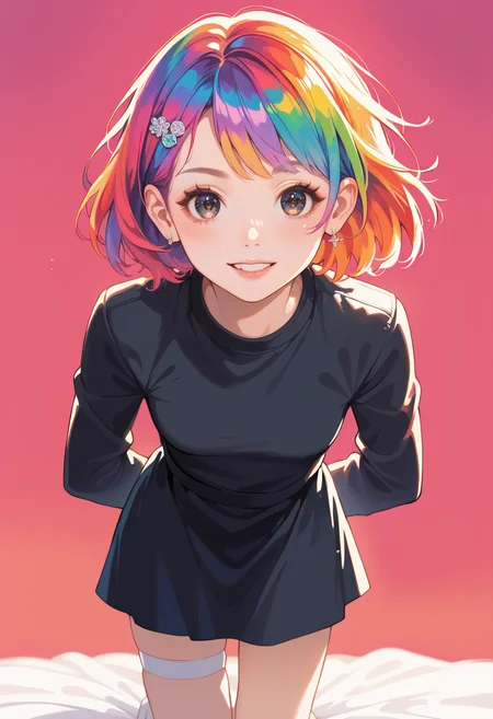 score_9, score_8_up, score_7_up, masterpiece, best quality, perfect anatomy, very aesthetic, ((outlined outlined vector graphics)),no norm,close up,
, cute face, (glow eyes:0.8), looking at viewer, glittering, glimmering, red theme,
1girl,20yo, rainbow hair, black eyes, short bob hair, hair pin,small breast, slender,(white thigh strap:1.1),(black clohtes:1.1),
, 
jewelry, earrings, parted lips,, long sleeve,black shirt, black skirt , arms behind back ,   all fours ,  ,  action pose , , smile beam, <lora:rainbow-hair-01-step00000800:1>