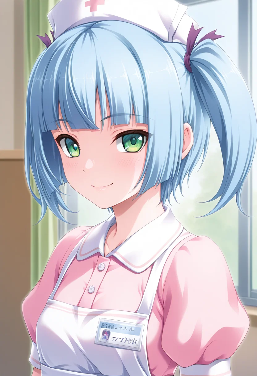 masterpiece, best quality, amazing quality, 1girl, solo, (portrait:1.2), tomokaww, green eyes, blue hair, short hair, blunt bangs, twintails, purple hair ribbon, small breasts, nurse, white nurse cap, pink dress, puffy short sleeves, name tag, looking at viewer, smile, indoors, day, skindentation, detailed clothing folds, depth of field, sharp, high contrast, dynamic light <lora:Minato_Tomoka_Hatsujou_Otome_ill:0.9>