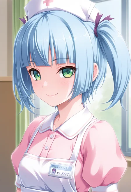 masterpiece, best quality, amazing quality, 1girl, solo, (portrait:1.2), tomokaww, green eyes, blue hair, short hair, blunt bangs, twintails, purple hair ribbon, small breasts, nurse, white nurse cap, pink dress, puffy short sleeves, name tag, looking at viewer, smile, indoors, day, skindentation, detailed clothing folds, depth of field, sharp, high contrast, dynamic light <lora:Minato_Tomoka_Hatsujou_Otome_ill:0.9>