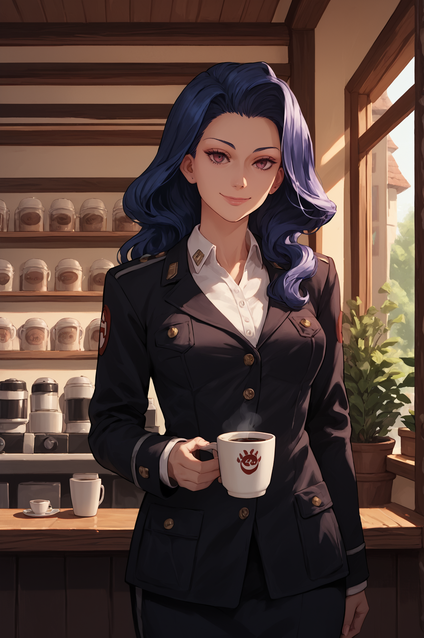 score_9, score_8_up, score_7_up, score_6_up, score_5_up, score_4_up, (high quality, detailed, beautiful)  <lora:Mauve_epoch_10:1> mauve_acca, cowboy_shot, facing_viewer, smile, coffee_cup, cafe