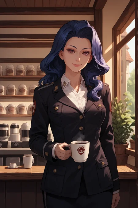 score_9, score_8_up, score_7_up, score_6_up, score_5_up, score_4_up, (high quality, detailed, beautiful) <lora:Mauve_epoch_10:1> mauve_acca, cowboy_shot, facing_viewer, smile, coffee_cup, cafe