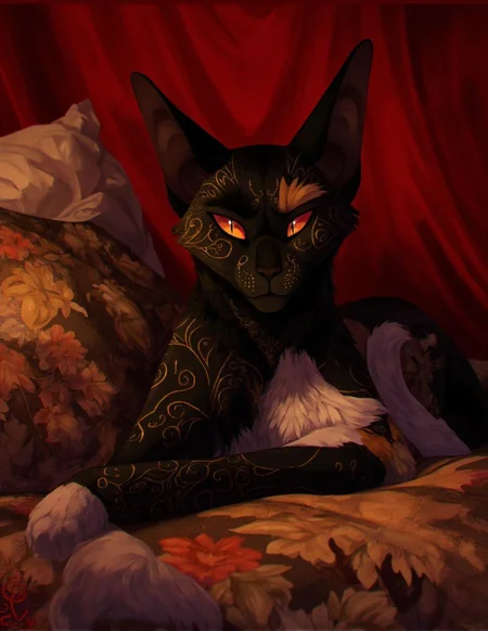 <lora:ck-LttleGhost-000011.safetensors:1> in the style of ck-lttlegh0stThe subject reimagines a calico cat lounging on a provocative floral-patterned bedspread, her black fur adorned with intricate patterns that shimmer in soft golden light. Her eyes gleam with sly intensity, as if plotting something sinful, while the worn pillow hints at nocturnal exploits. The red velvet backdrop adds an air of intimacy and mystery to the overall composition.