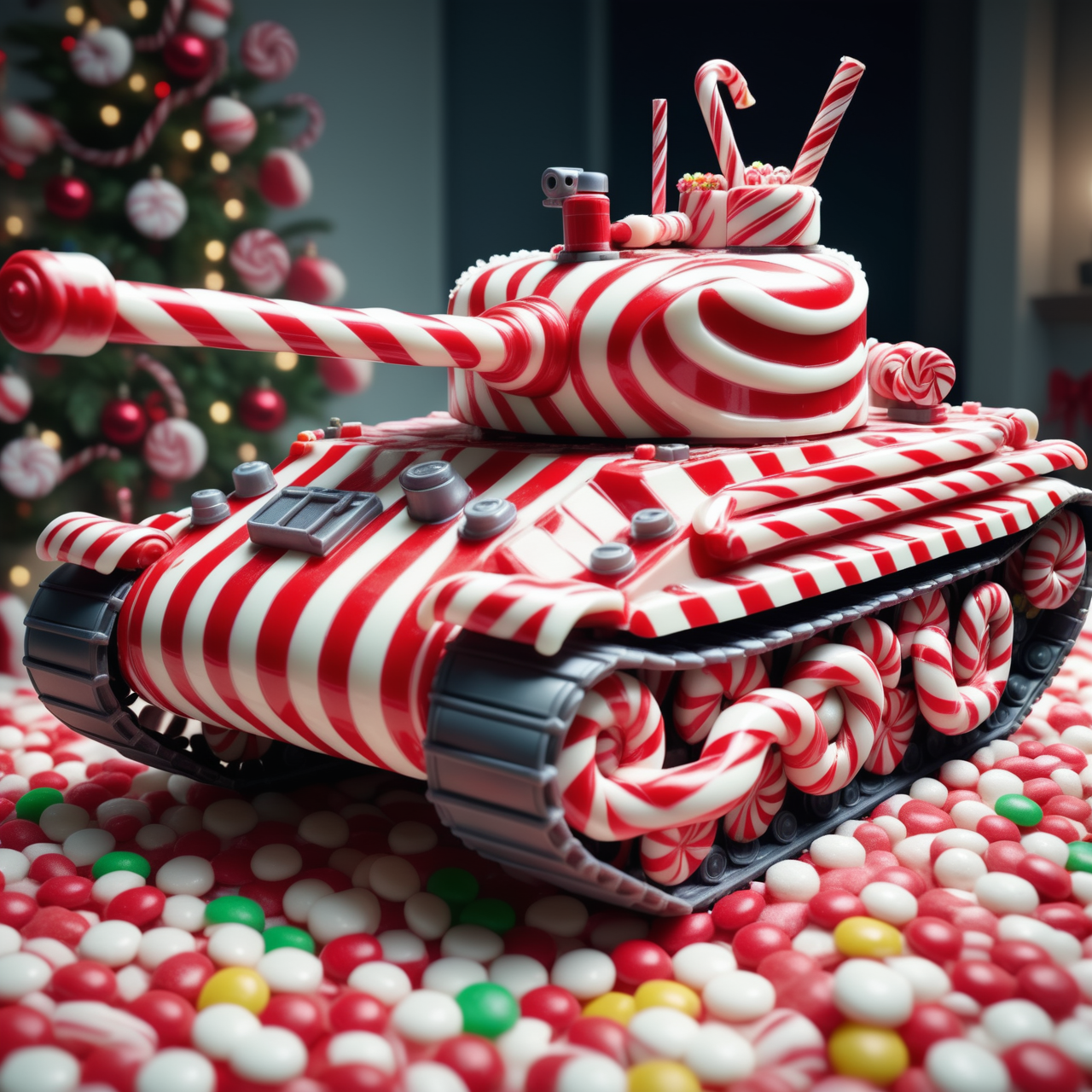 a tank made out of Jed-Cndcne, masterpiece, UHD, sharp and in focus  ,<lora:CandyCaneStyle-000005:0.7>, realistic