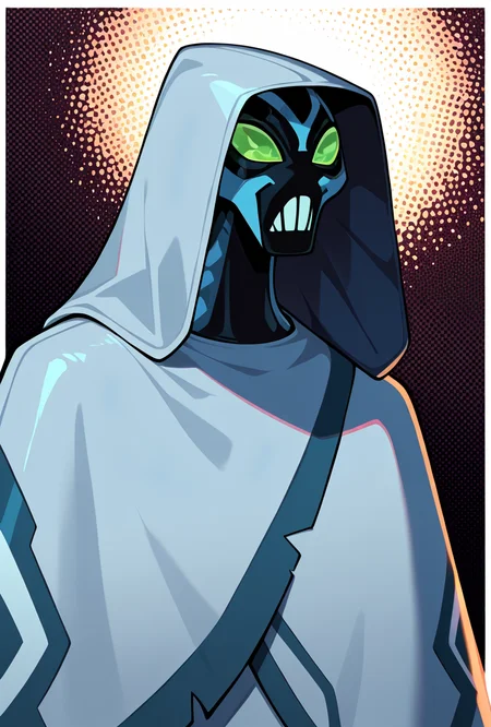 <lora:bigchill-07:1> bigchill, solo, 1boy, green eyes, blue skin, no humans, green sclera, teeth, no pupils,, hood, cloak, masterpiece, best quality, amazing quality, very aesthetic, absurdres, newest,, upper body, halftone effect, white borders, abstract background:1.2,