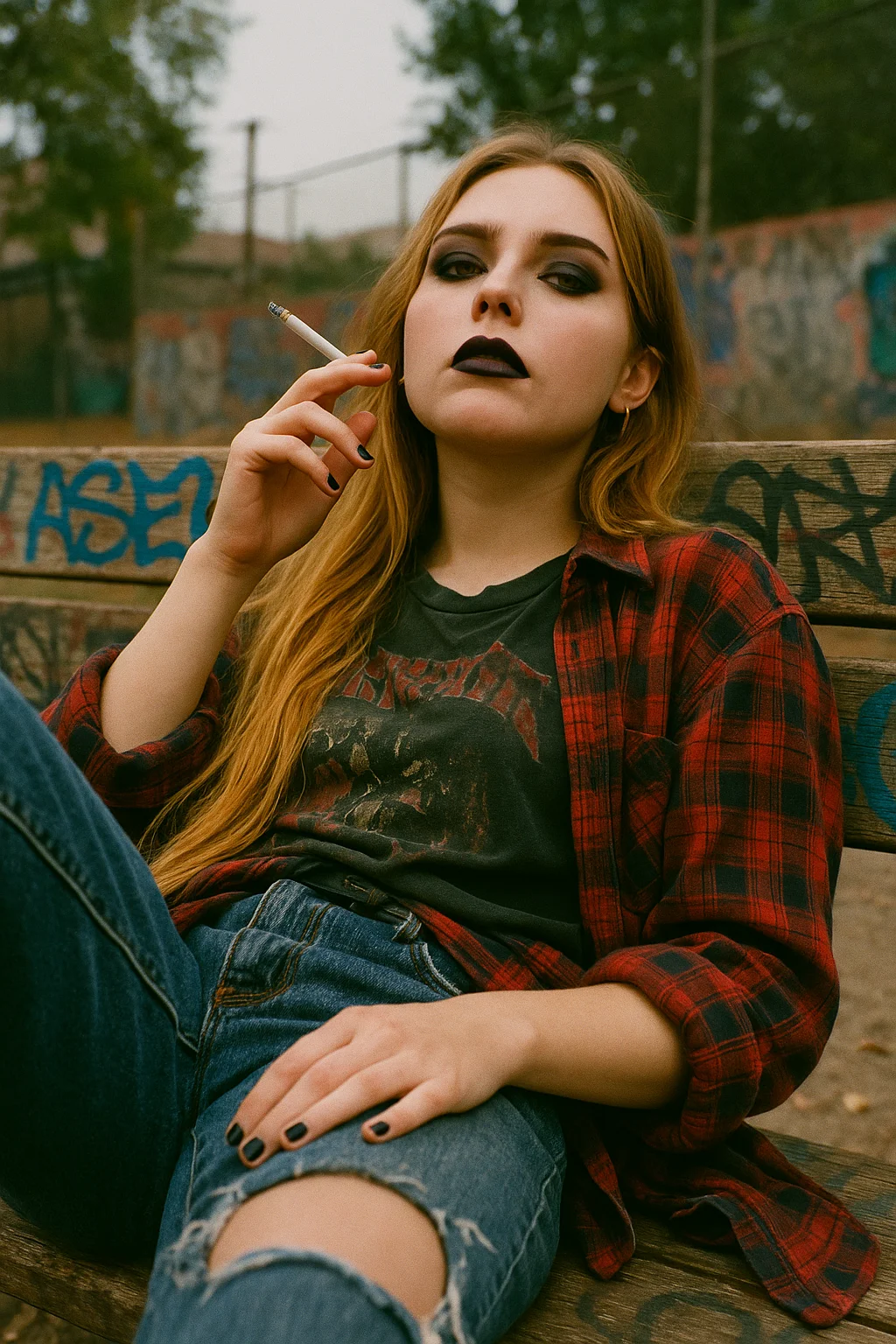 Realistic 90s-style photo of Rapunzel as a rebellious teen, shot from a low angle. She lounges on a graffiti-covered LA park bench, towering slightly in frame. Her long golden hair drapes over the bench. She wears ripped jeans, a band tee, flannel at the waist, and black Converse. With goth makeup and a cigarette in hand, she looks down with a bold, defiant expression. Cracked pavement and a tossed Jansport bag complete the gritty vibe.