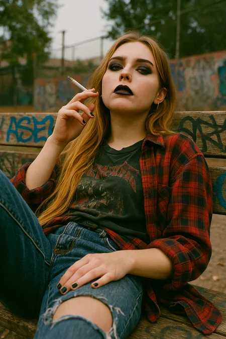Realistic 90s-style photo of Rapunzel as a rebellious teen, shot from a low angle. She lounges on a graffiti-covered LA park bench, towering slightly in frame. Her long golden hair drapes over the bench. She wears ripped jeans, a band tee, flannel at the waist, and black Converse. With goth makeup and a cigarette in hand, she looks down with a bold, defiant expression. Cracked pavement and a tossed Jansport bag complete the gritty vibe.