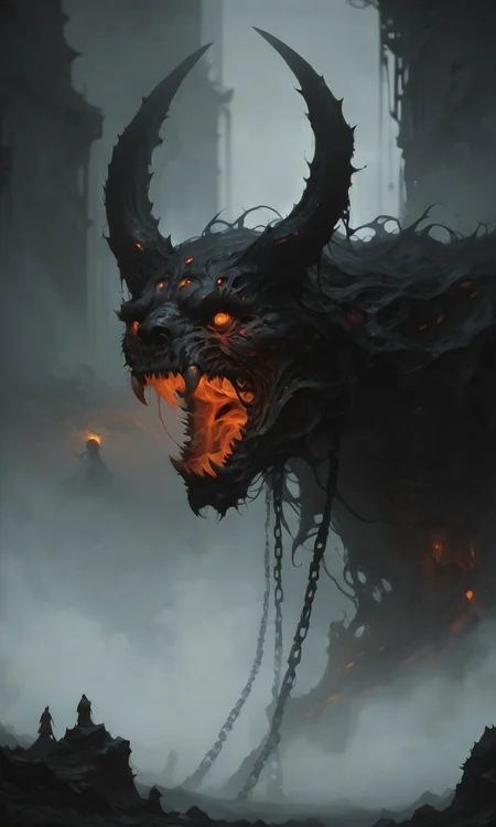 an intricate digital painting, a menacing creature in chains, mouth open, horned, ,fog, haze, fantasy, blurry foggy background, low angle, orange glowing, red glow, detailed, artistic rendition, dark fantasy, , <lora:- iLL - PdJ_highres_counterweight _V1.0-step00007000:.6>, <lora:- iLL - vl_abstractbrush_finished_V1.0:.4> <lora:Illustrious:0.2>