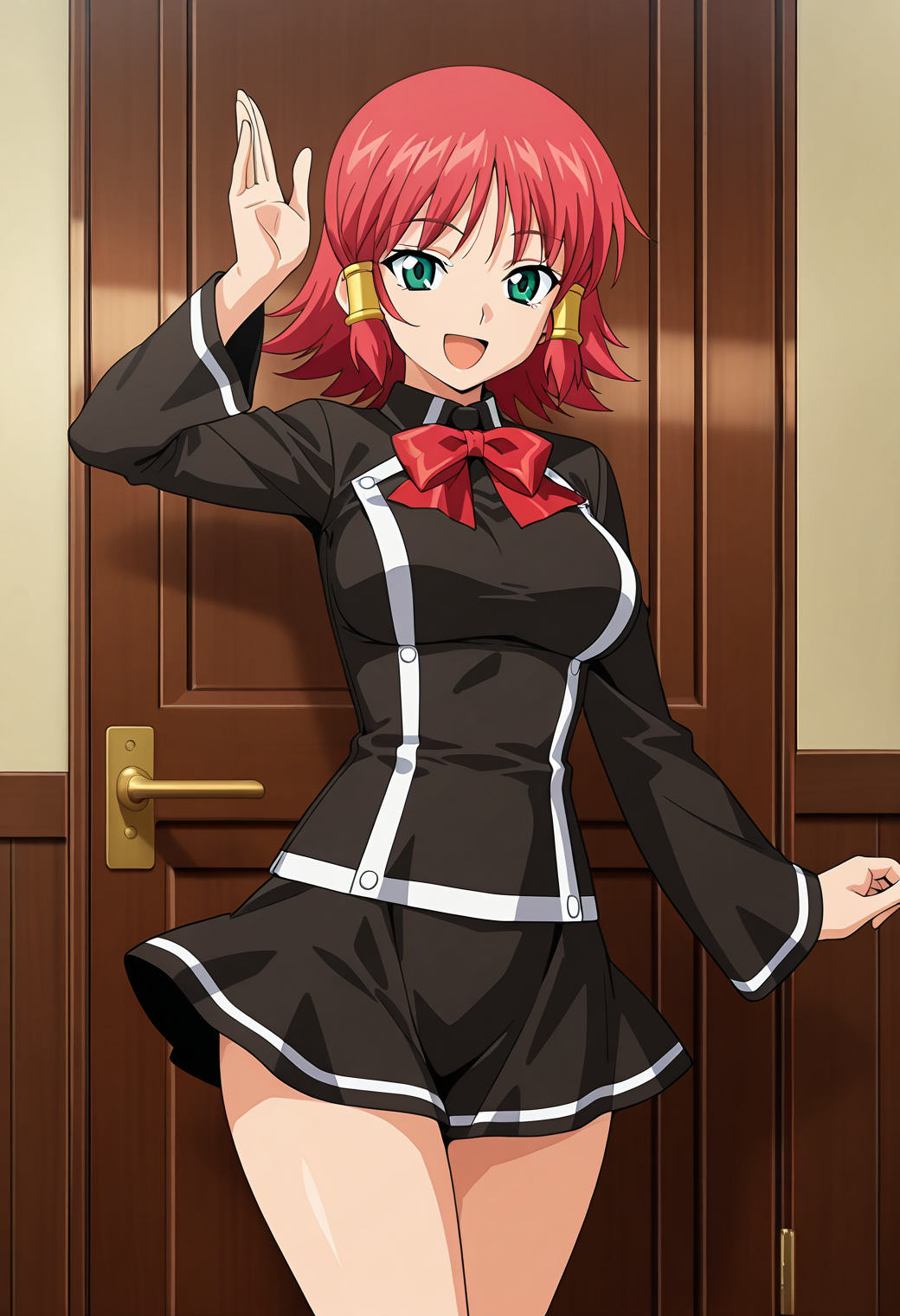 masterpiece, best quality, very aesthetic, absurdres, 1girl, solo, official style, 
<lora:qma_ruquia_v01:0.8>, qma_ruquia, red hair, short hair, green eyes, breasts,
hair tubes, school uniform, red bow, bowtie, skirt, smile, open mouth, posing