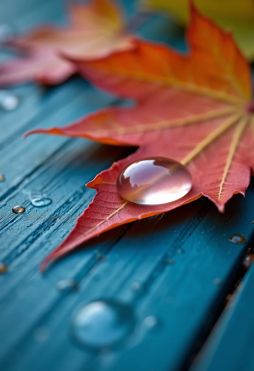 Imagine a close-up of a single, glistening water droplet balanced on the surface of a vibrant autumn leaf, capturing a reflection of the blue wooden surface beneath. The droplet is crystal clear, magnifying the intricate veins of the leaf and refracting tiny hints of the autumn colors around it. The leaf lies on a slightly wet blue wooden surface, with scattered droplets and a soft puddle nearby that faintly reflects the leaf’s vivid colors.
