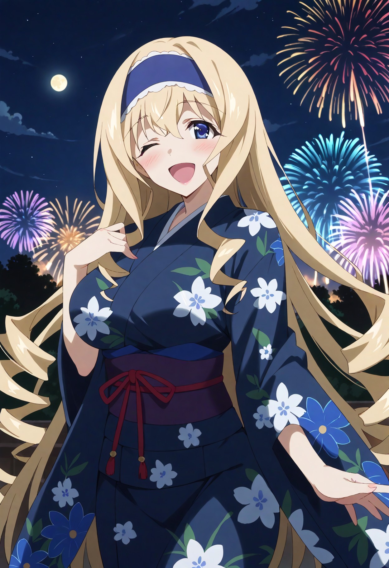 score_9, score_8_up, score_7_up, source_anime, masterpiece, best quality,perfect anatomy,rating_safe,(cecilia,other),large breasts,voluptuous,curvy,blue flower print kimono,blush,tareme,drooping eyes,shiny skin,cowboy shot,wink,open mouth,smile,happy,outdoors,night,moon,fireworks,starry sky, <lora:cecilia.pony:1>