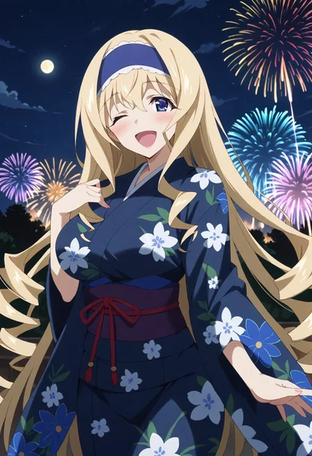 score_9, score_8_up, score_7_up, source_anime, masterpiece, best quality,perfect anatomy,rating_safe,(cecilia,other),large breasts,voluptuous,curvy,blue flower print kimono,blush,tareme,drooping eyes,shiny skin,cowboy shot,wink,open mouth,smile,happy,outdoors,night,moon,fireworks,starry sky, <lora:cecilia.pony:1>