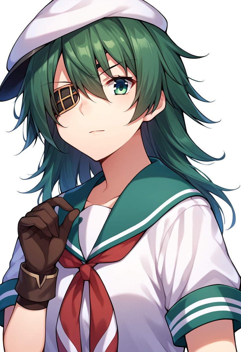 score_9, score_8, score_7, source_anime, kiso (kancolle), 1girl, 
solo, eyepatch, looking at viewer, hat, school uniform, serafuku, sailor hat, gloves