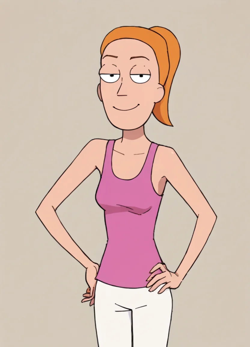 summer.smith, orange hair, 1girl, ponytail, solo, pink tank top, white pants,smile,score_9, score_8_up, score_7_up, score_6_up, score_5_up, score_4_up, looking at viewer, hand on own hip, cowboy shot,simple background, <lora:SummerPony1.0:1> <hypernet:badhandv4:1>