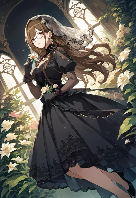 score_9, score_8_up, score_7_up, source_anime, kuwayama chiyuki, brown hair, brown eyes, long hair, 1girl, dress, solo, gloves, glasses, flower, black dress, holding, jewelry, black footwear, earrings, veil, looking at viewer, dutch angle