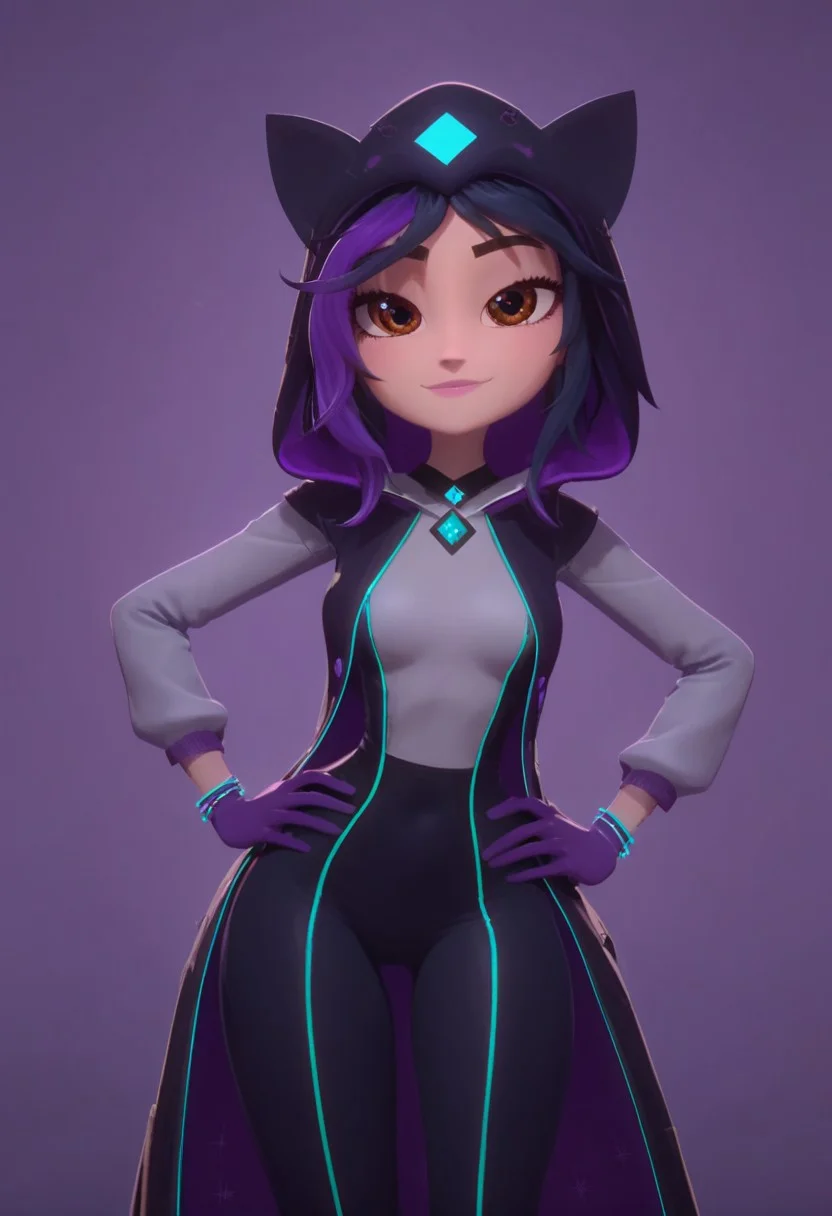 score_9, score_8_up, score_7_up, 1 girls, kira, mangamaster artstyle , detailed eyes, chocker, hot girl, petite body, defined chest, brown eyes, two-tone purple and black hair, bracelets, thin eyebrows, cute pose, soft tummy, midrif, toned body, soft tummy, wide hips, thicc hips, pixie haircut, cute smile, squinting eyes, sassy pose, looking up at viewer, lowered eyelids, bedroom eyes, closed mouth, sealed lips, rim lighting, purple highlights, bedroom eyes, side-view of girl, dynamic pose, black trenchcoat, hood, white sleeves, purple gloves, black yoga pants, cyan clothes decor, hands on hips, long coat, messy hair, hood over head, hood on head, wearing hood, cat ears on hood