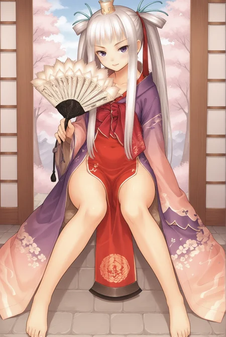 <lora:Houmei:0.8>, rating_explicit, Houmei, chinese clothes, hand fan, outdoors, sitting, looking at viewer