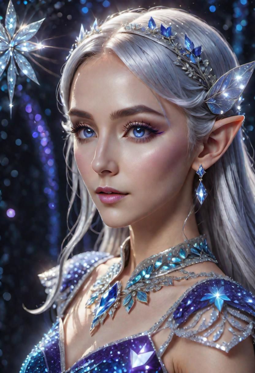 portrait of an epoch elf,  wearing a ((fairy dress, crystalline dress)), long glittery silver hair, perfect elven face, symmetrical eyes, fine details best quality, hyperdetailed face, photorealistic, highest quality, best shadow, highly detailed. photography, professional, 4k, 8k HD, professional, purple colors, blue light, blue atmosphere