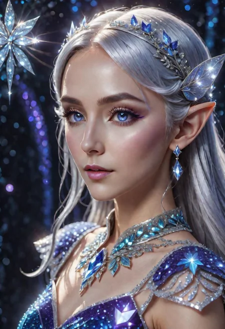 portrait of an epoch elf,  wearing a ((fairy dress, crystalline dress)), long glittery silver hair, perfect elven face, symmetrical eyes, fine details best quality, hyperdetailed face, photorealistic, highest quality, best shadow, highly detailed. photography, professional, 4k, 8k HD, professional, purple colors, blue light, blue atmosphere