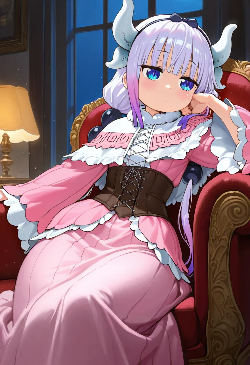 kanna_kamui_(maidragon), masterpiece, best quality, amazing quality, ultra detailed, solo, 1girl, adult, long dress, wide sleeves, ornate dress, corset, victorian dress, sitting, armchair, brocade, reclining, leaning on side, chin down proud, indoors, night, particles, cowboy shot,