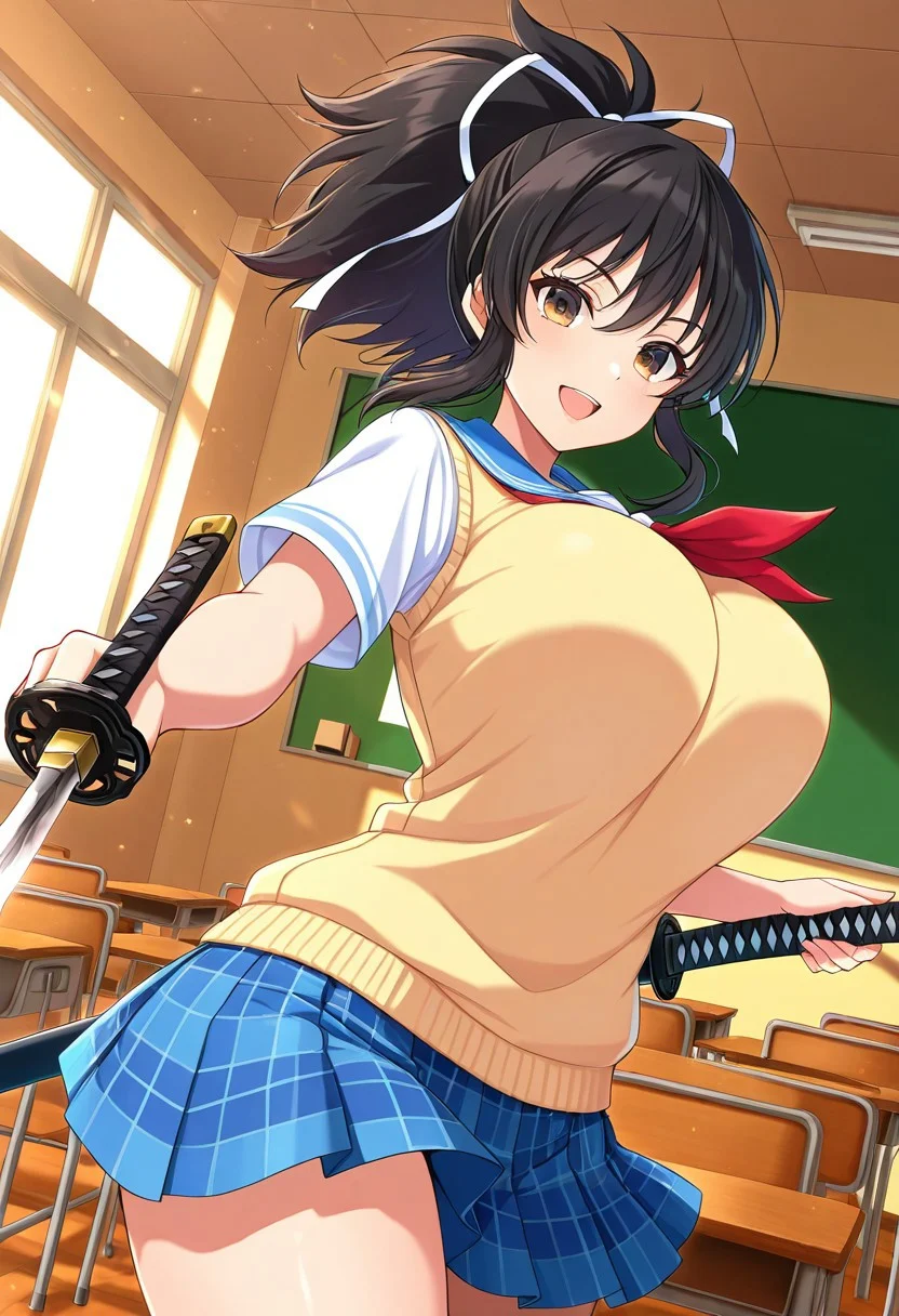 general,highres, ultra-detailed,very aesthetic,best quality ,best hands,best eyes,easynegative,
dynamic anglre, dutch angle, anime cloring,
1girl solo,looking at viewer,school,smile,open mouth, holding katana,
Asuka,,black_hair, ponytail, hair ribbon, brown_eyes, huge_breasts,school uniform,