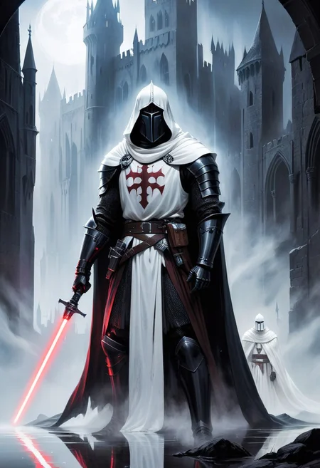 score_10, score_9, score_9_up, score_8_up, score_7_up, masterpiece, best quality, ghost, black armor, black knight, hood, ((hood over helmet)), duo focus, multiple_boys, 2boys,, two figures, Fantasy, knight, gothic, full plate armor, armor, black, cloak, hood, sith, sword, heavy armor, white light saber, white tabard, shield, reflection, spirit, translucent, black mist, paladin, fighter, rogue, vivid color, castle,
