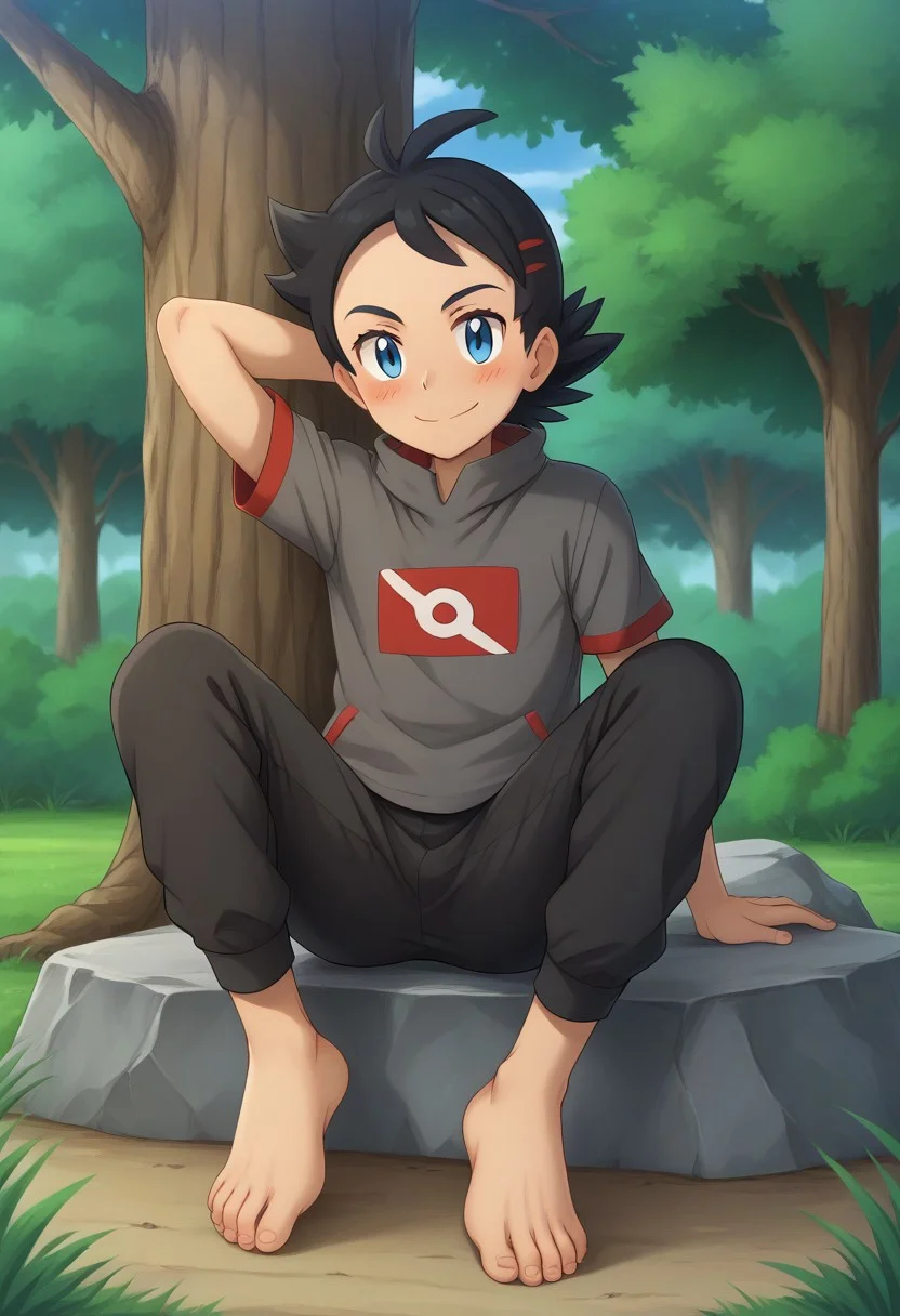go2, blue eyes, smile, male focus, closed mouth, tree, shirt, short sleeves, black hair, grey shirt, black pants, bare foot, eyelashes, blush, smile, hand behind head,
outdoor, sit, rocks, full body,