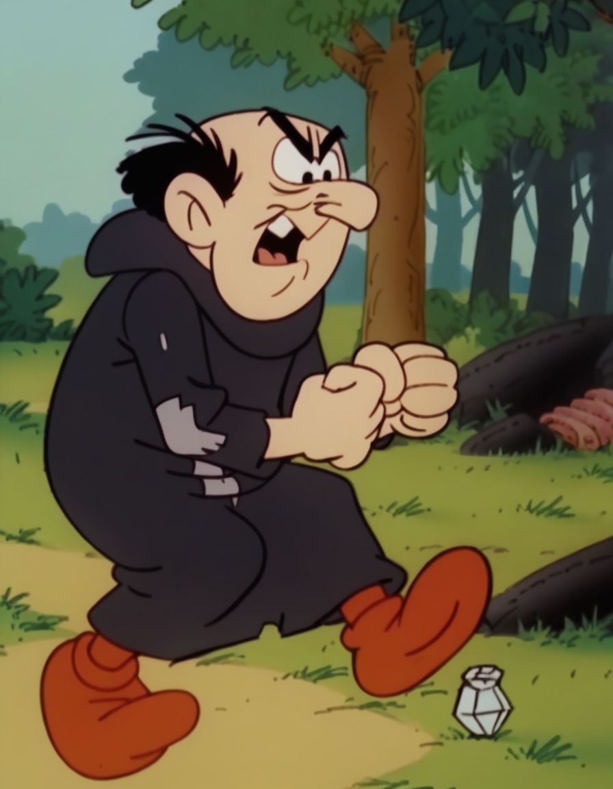 score_9, score_8_up, score_7_up, source_cartoon, masterpiece, best quality, cartoon,  <lora:Gargamel0:1>, Gargamel0, black hair, 1boy, solo, clenched hands, male focus, outdoors, forest, red footwear, buck teeth