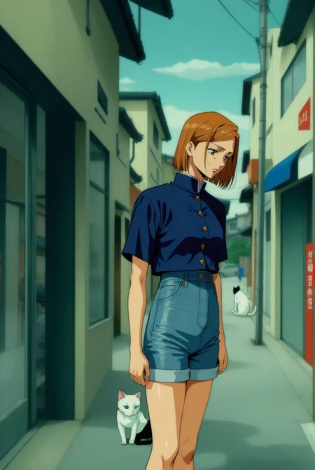 1girl, kugisaki nobara, jujutsu kaisen , (90s anime style:1.5), front view, outdoors, street view, (looking down:1.3), perfecteyes, shirt, denim shorts, (a single white cat sitting next to them) <lora:detailed_notrigger:1> <lora:ParchartXL_CODA:0.2> <lora:Isometric Cutaway:1> <lora:PerfectEyesXL:1> <lora:Surreal Harmony:0.2>