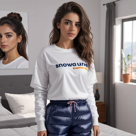 one spanish girls ,unique, wearing puffer snowpants,tshirt unique hair styles, 8k uhd, dslr, high quality, photorealistic, realism, hyperrealism, bedroom scene
<lora:snowpants_v1-000003:0.7>