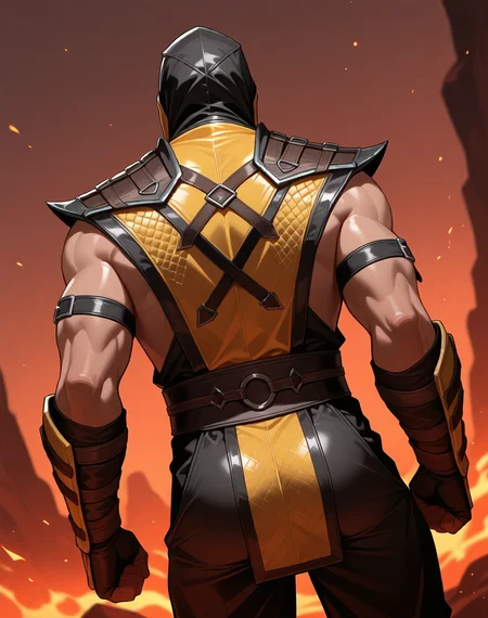 <lora:Scorpion_(Mortal_Kombat)_(Illustrious)_(AD):1> Scorpion_MK, muscular, Mortal Kombat,
dutch angle, exterior, volcanic landscape, hellish underworld,
male chest focus, gradient coloring, villain, leather ninja armor, ninja headwear, back view, butt,
BREAK very awe, aesthetically pleasing, masterpiece, best quality, amazing quality, very aesthetic, perfect depth of field shot, in'ei,
Smooth Quality, lazympos, IllustQualXL_Pos,