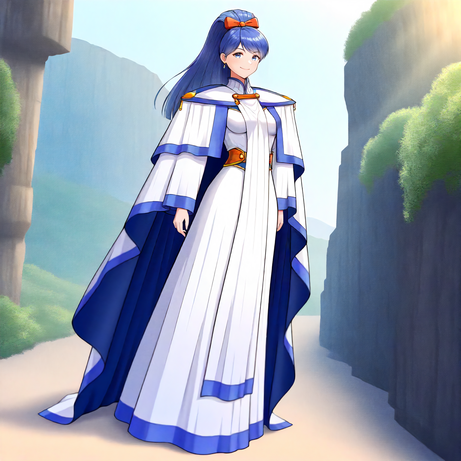 <lora:ML2_SakuyaRanzaiwaXLIllustrious004>,
masterpiece,best quality,good quality,newest,
outdoors,
smile,
looking at viewer,
solo,
SakuyaRanzaiwa,1girl,blue hair,wide ponytail,hair bow,blue eyes,earrings,
breasts,
shoulder_pad,cape,robe,
standing,full body,