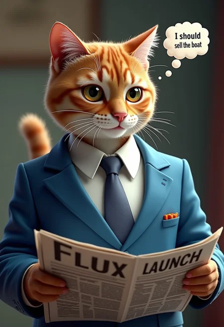 photorealistic, highly detailed, 8k, masterpiece,
A cat wearing a blue business suit and tie, reading a newspaper, newspaper headline says "FLUX LAUNCH", cat thought bubble says "I should sell the boat",