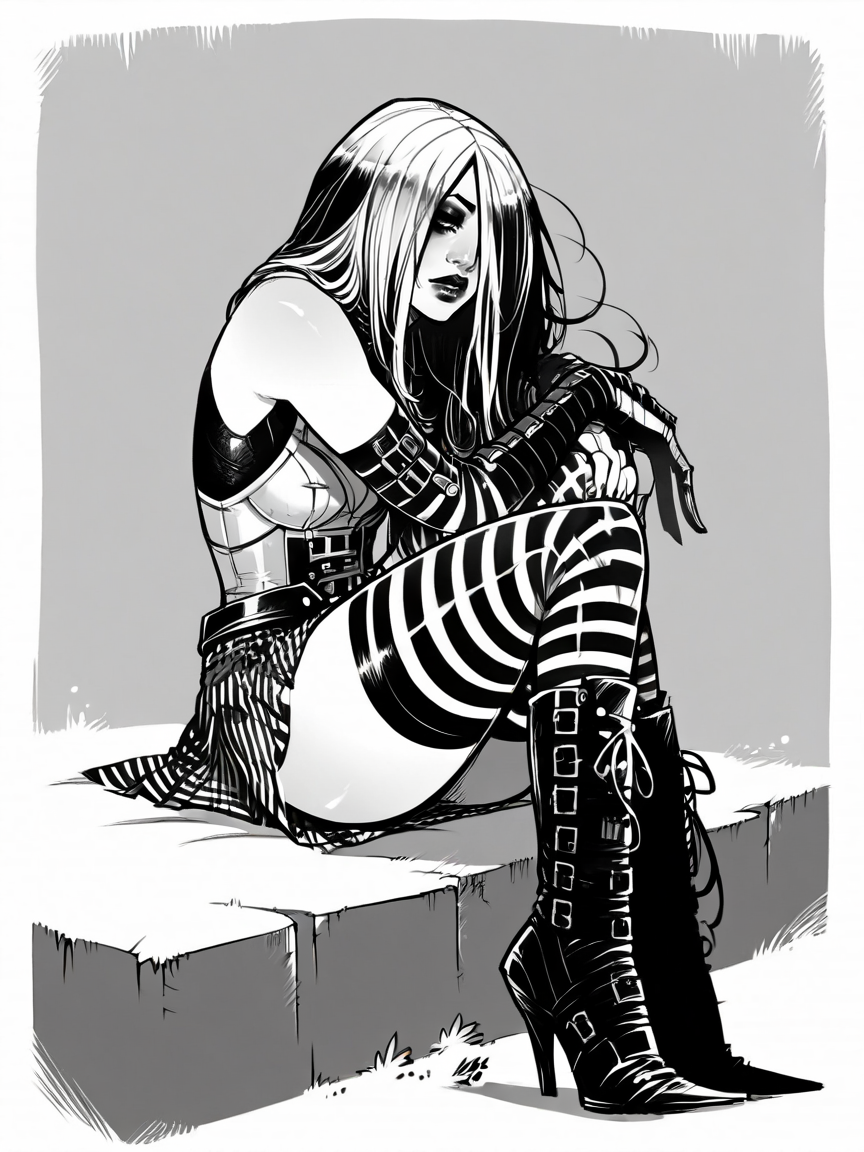 score_9, score_8_up, score_7_up, score_6_up, score_5_up,  <lora:CSXLP:1> cs, monochrome, thighhighs, long hair, boots, striped, skirt, sitting, high heels, hair over one eye, striped thighhighs, makeup, 1girl, solo