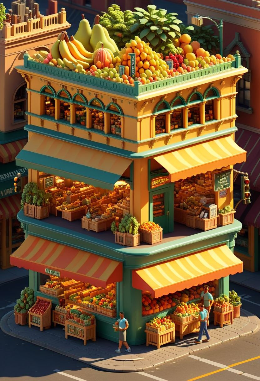 ispzxll, diorama, isometric, miniature, futuristic busy street corner market scene, golden hour, long shadows, volumetric lighting style, pedestrian crowds, fruit stands, parked cars, traffic light, storefronts, taxi cab, trash can, epic architecture, intricate details, potted plants, ultra-detailed, 8k, fluffy clouds