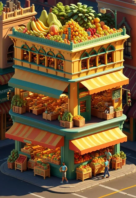 ispzxll, diorama, isometric, miniature, futuristic busy street corner market scene, golden hour, long shadows, volumetric lighting style, pedestrian crowds, fruit stands, parked cars, traffic light, storefronts, taxi cab, trash can, epic architecture, intricate details, potted plants, ultra-detailed, 8k, fluffy clouds