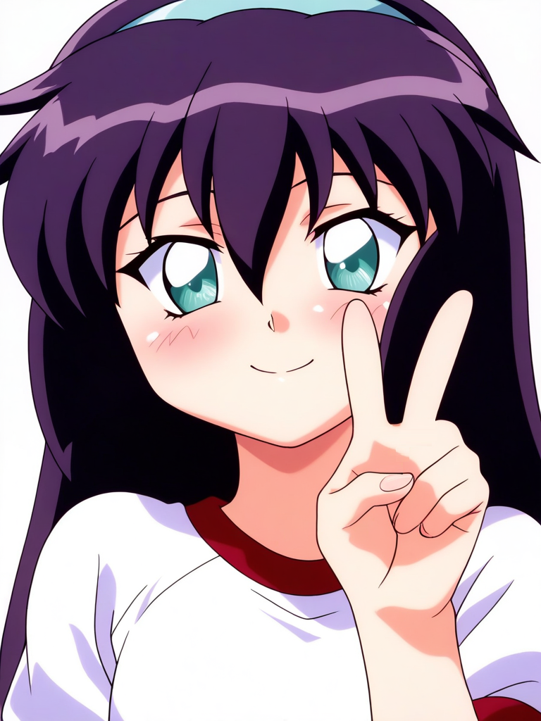 general,highres, ultra-detailed,very aesthetic,best quality ,best hands, BREAK  <lora:Amano_Misao_Pretty_Sammy_IS:1>
Amano_Misao, 1girl, solo, purple hair, long hair, bangs,  light blue hairband, green eyes,  hair between eyes, 
smile, blush, looking at viewer, shirt, white shirt, closed mouth, v, gym shirt, upper body, ponytail, blue eyes, hand up, portrait