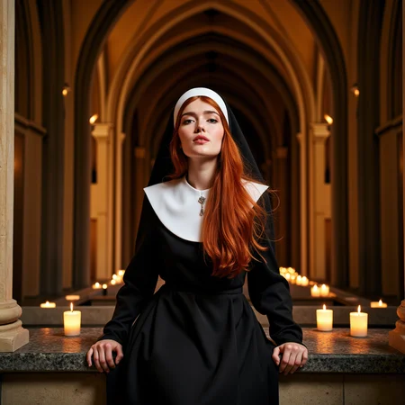 Inside an ancient cathedral, bathed in the glow of flickering candlelight, the redheaded goddess sitting on the cold stone altar, she's wearing a full nun costume  leaving nothing but temptation in its wake. Her fiery locks spill over the sacred ground as she gazes upward, looking at the viewer,  her lips parted in an expression of pure, sinful ecstasy. Itâs an image of contrastâholiness and eroticism intertwined, a vision of defiance in a place of restraint  <lora:jialissa64:0.9> jialis