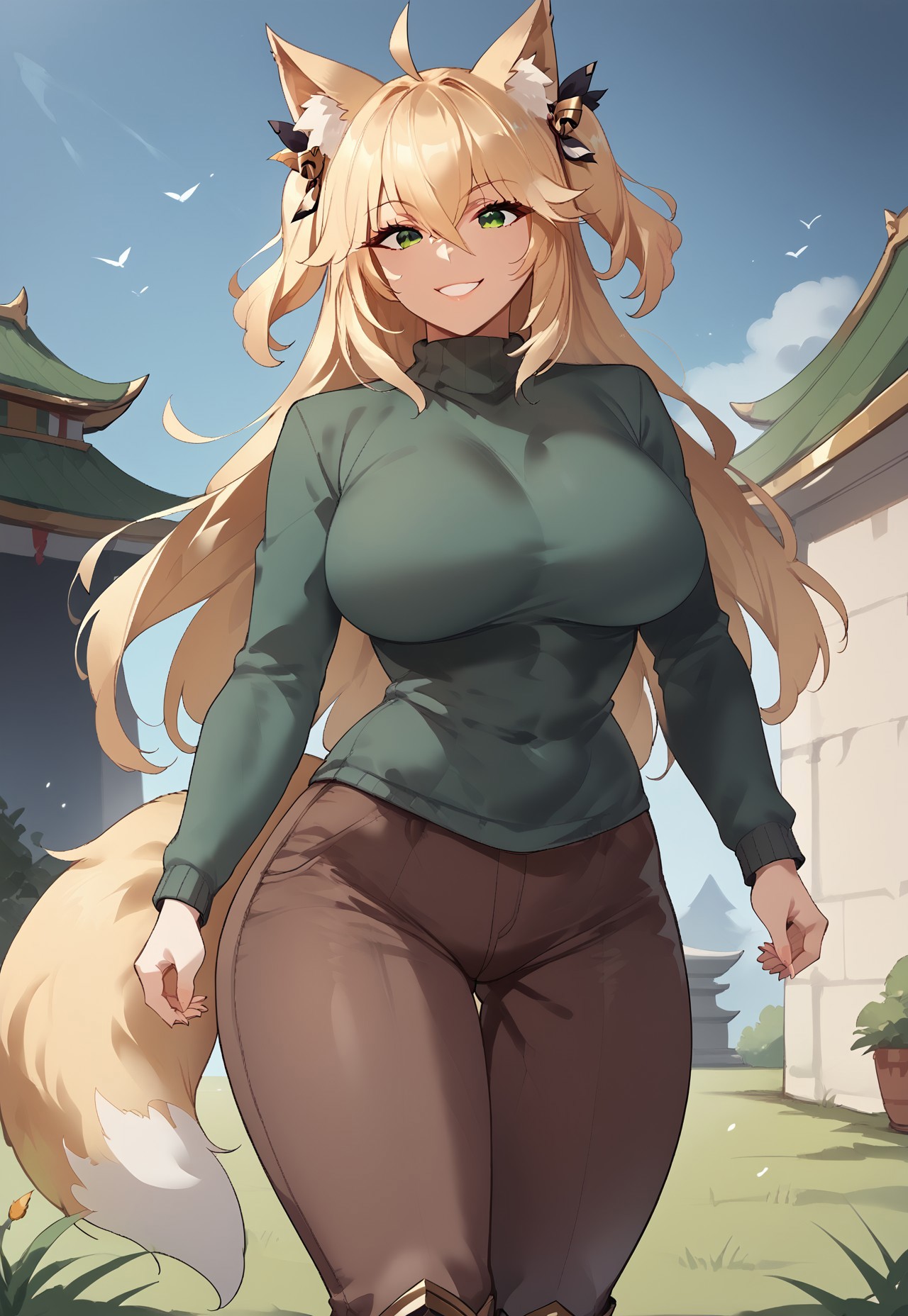 safe_pos, masterpiece, best quality, very aesthetic, absurdres, score_9, score_8_up, score_7_up, score_6_up, Expressiveh, good_hands, BREAK mature female, large breasts, curvy, beautiful face, highly detailed faces and eyes, foxgirl, fox ears, fox tail, blonde hair, long hair, ahoge, hair between eyes, green eyes, two side up, green sweater, long sleeves, dark brown pants, long pants, knee boots, dynamic pose, smile,