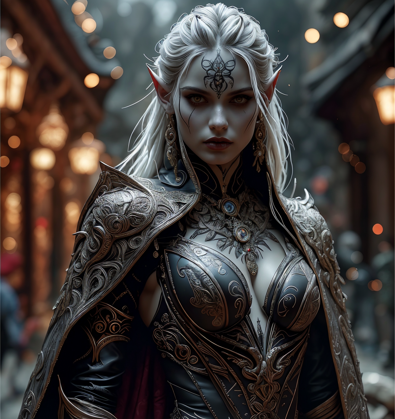 RAW photo, (masterpiece:1.3), subsurface scattering, heavy shadow, (high quality:1.4), (intricate, high detail:1.2), professional photography, HDR, High Dynamic Range, realistic, ultra realistic, photorealistic, high resolution, film photography, ambient lighting, atmospheric effects, <lora:detail_slider_v4:2>, OverallDetail, a female drow ranger, dark makeup, intricate leather armor with leaf patterns, jewelry, cape, tiara, <lora:Drow:0.8>, epiCPhoto