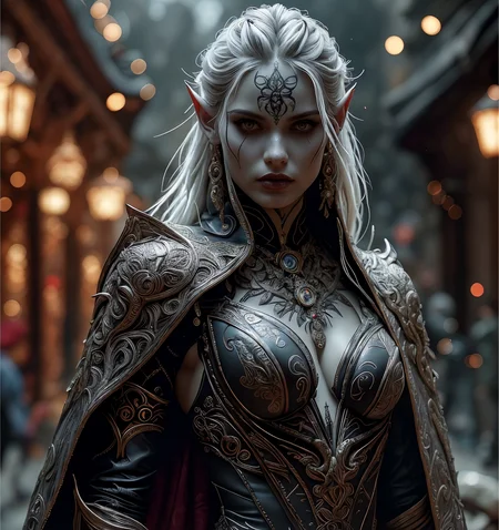 RAW photo, (masterpiece:1.3), subsurface scattering, heavy shadow, (high quality:1.4), (intricate, high detail:1.2), professional photography, HDR, High Dynamic Range, realistic, ultra realistic, photorealistic, high resolution, film photography, ambient lighting, atmospheric effects, <lora:detail_slider_v4:2>, OverallDetail, a female drow ranger, dark makeup, intricate leather armor with leaf patterns, jewelry, cape, tiara, <lora:Drow:0.8>, epiCPhoto