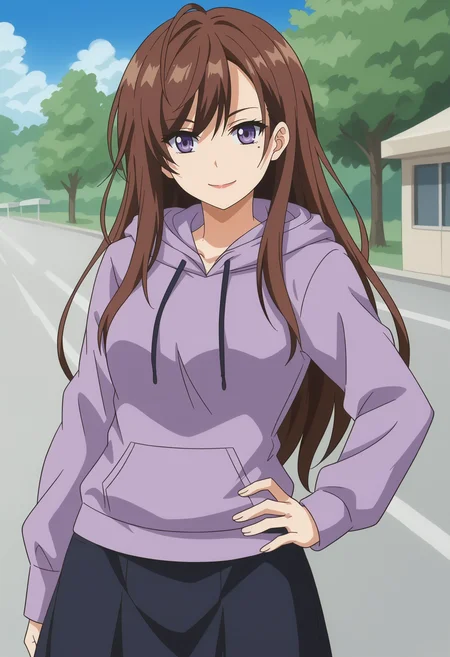<lora:Rio_Sakagami-Anehame:0.8>,rio,brown hair,purple eyes,mole under eye,long hair,hoodie,skirt,cowboy shot,hand on own hip,looking at viewer,smile,outdoors